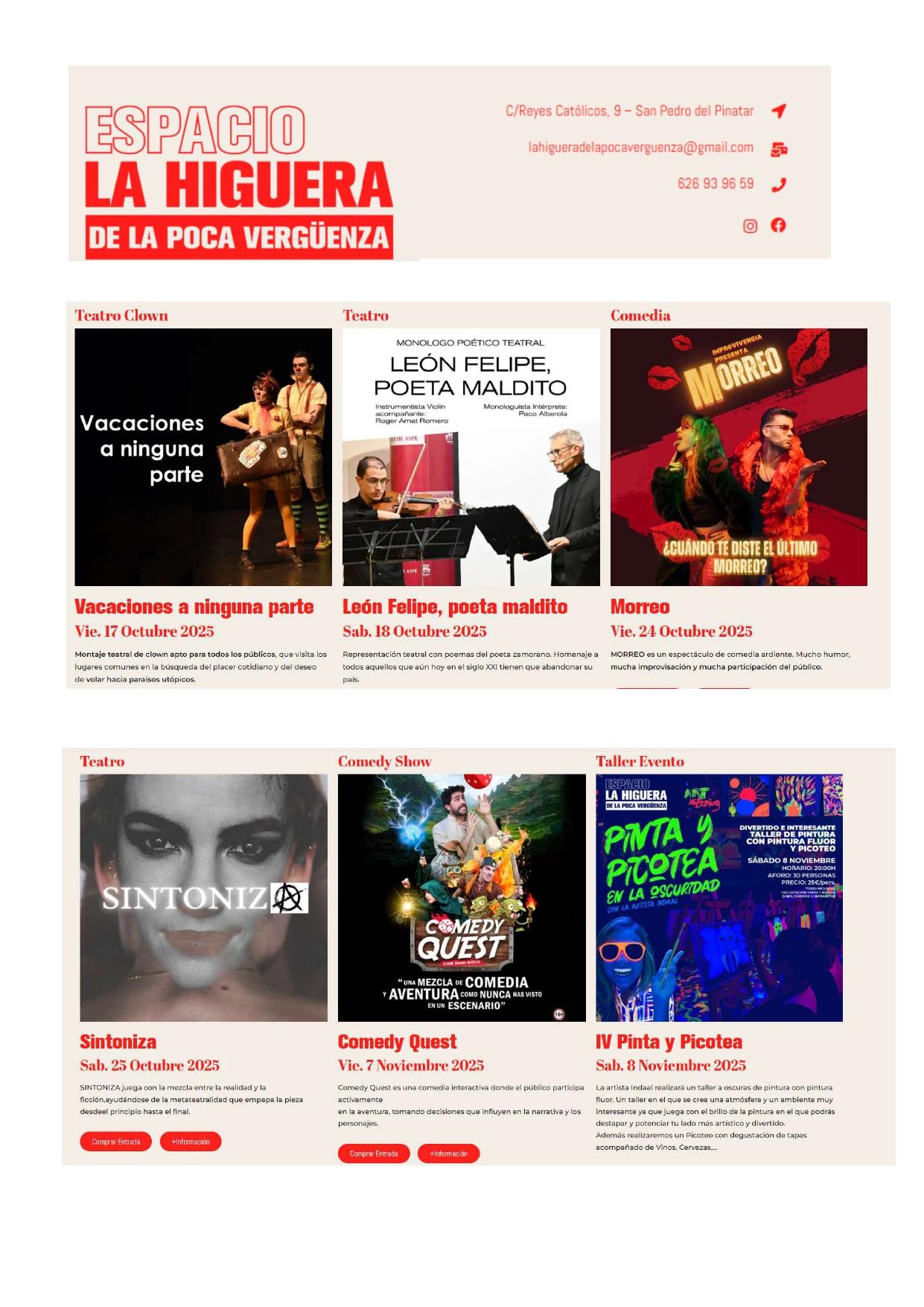 PROGRAMACION ESPACIO TEATRO LA HIGUERA DE LA POCA VERGUENZA